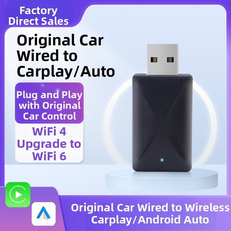 CarPlay belaidis adapteris su Android Auto, 2-in-1 plug-and-play, 5V įvestis, 3–5W galia, plastikas+PCB, svoris 0,1 kg