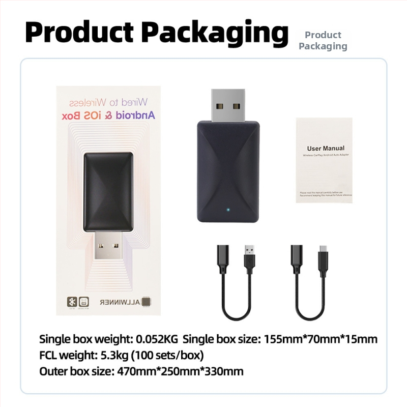 CarPlay juhtmevaba adapter Android Auto toega, 2-in-1 plug-and-play, 5V sisend, 3–5W võimsus, plast+PCB, kaal 0,1 kg
