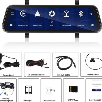 9.66 hüvelykes vezeték nélküli hordozható CarPlay képernyő kapacitív érintőképernyővel, visszapillantó tükör streaminggel és többfunkciós autós felvételkészítővel — Modell Ywd-966, CarPlay, felbontás 1024x600, Súly 1500 g