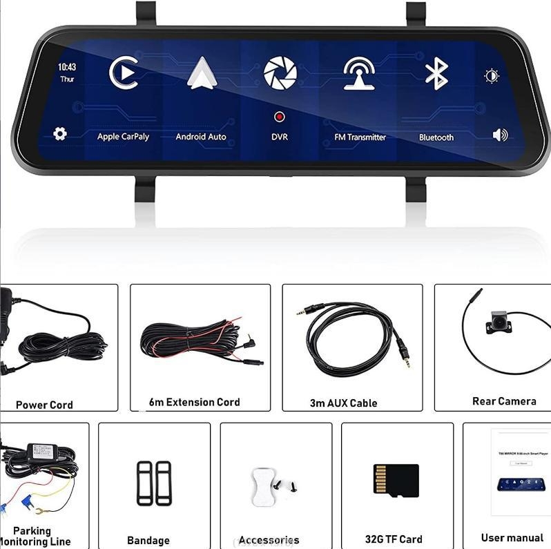 9.66 hüvelykes vezeték nélküli hordozható CarPlay képernyő kapacitív érintőképernyővel, visszapillantó tükör streaminggel és többfunkciós autós felvételkészítővel — Modell Ywd-966, CarPlay, felbontás 1024x600, Súly 1500 g