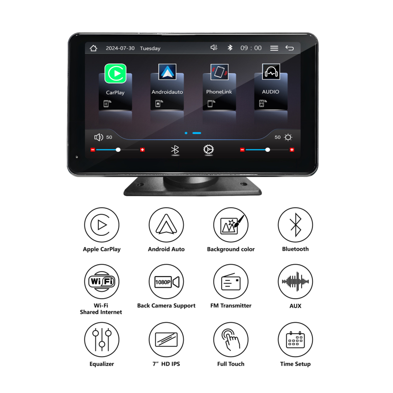 7 colių IPS HD prisilietimo ekrano automobilių navigacijos sistema su belaidžiu CarPlay ir Android Auto, 12V maitinimas, ABS korpusas, modelis F7