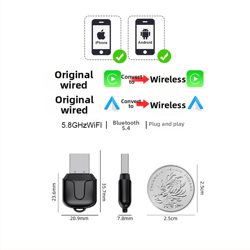 Belaidė CarPlay dėžutė automobiliams - universalus sujungimo modulis, USB-C, 7 colių ekranas, modelis M25, 4GB RAM, 64GB ROM