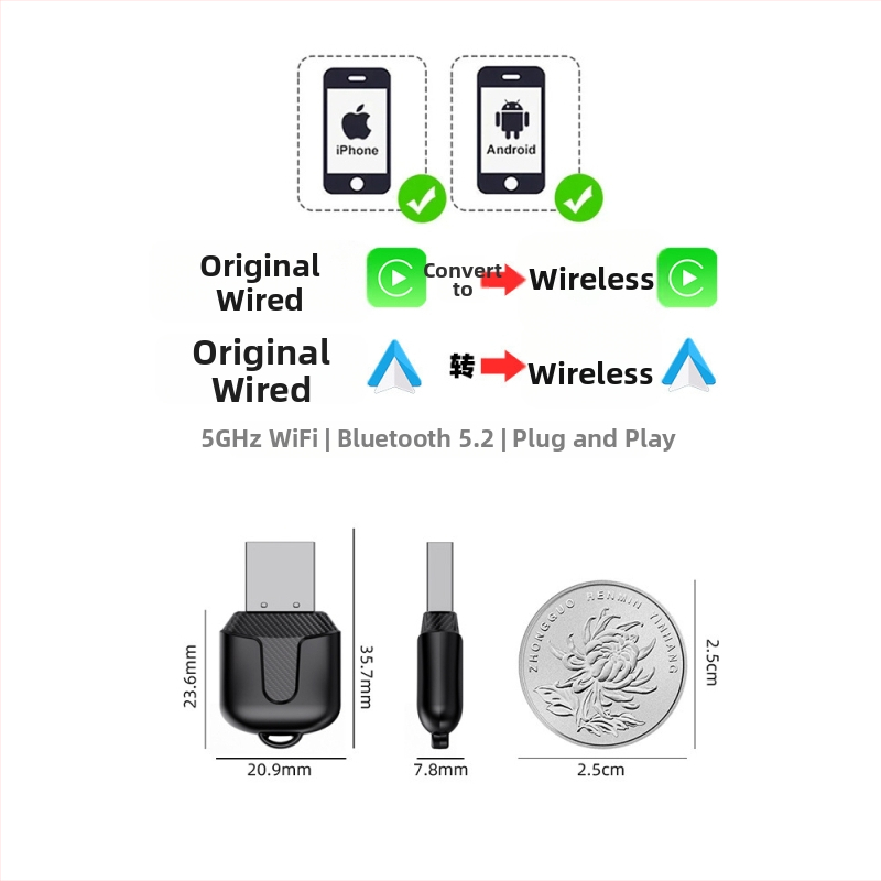 Belaidė CarPlay dėžutė automobiliams - universalus sujungimo modulis, USB-C, 7 colių ekranas, modelis M25, 4GB RAM, 64GB ROM