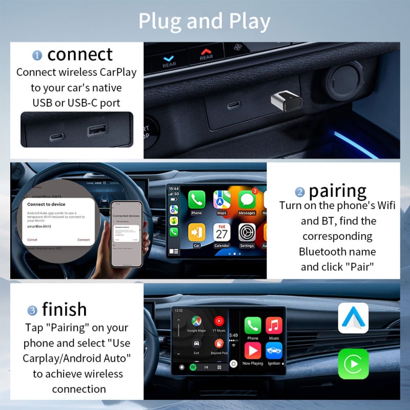 M3 Bežično CarPlay kućište - 2-u-1 adapter kabelski na bežični, CarPlay i Android Auto, USB Type-C sučelje, Linux, 1GB RAM, bez zaslona, 5,8 GHz bežična mreža