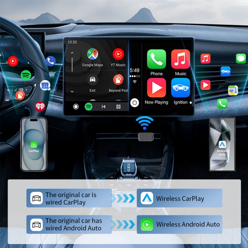 M3 Bežično CarPlay kućište - 2-u-1 adapter kabelski na bežični, CarPlay i Android Auto, USB Type-C sučelje, Linux, 1GB RAM, bez zaslona, 5,8 GHz bežična mreža