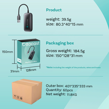 Ottocast CA515t CarPlay belaidis adapteris: belaidis CarPlay, Linux, 4GB RAM, 32GB ROM