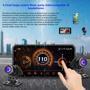 Motociklo DVR su CarPlay ir ekrano projekcija, BSD navigacija, 1080p, 3 MP, 140° matymo kampas, TF kortelė iki 256 GB, atsparus vandeniui