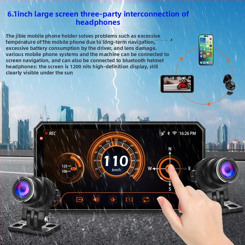 Motociklo DVR su CarPlay ir ekrano projekcija, BSD navigacija, 1080p, 3 MP, 140° matymo kampas, TF kortelė iki 256 GB, atsparus vandeniui