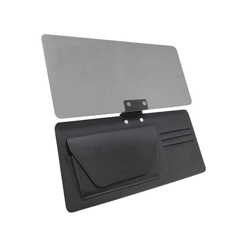 Автомобилен слънцезащитен визор с антиблясък леща и съхранение – кожа + поликарбонат, универсален монтаж, възможност за печат на лого