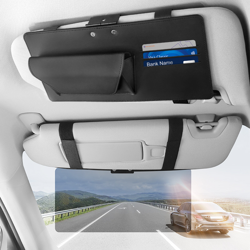 Автомобилен слънцезащитен визор с антиблясък леща и съхранение – кожа + поликарбонат, универсален монтаж, възможност за печат на лого