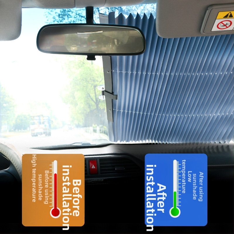 Automobilio priekinio stiklo skydelis nuo saulės su automatiniu ištempimu ir sulankstomu dizainu, tvirtinimas siurbtuku, medžiaga aliuminio folija, logotipo spauda