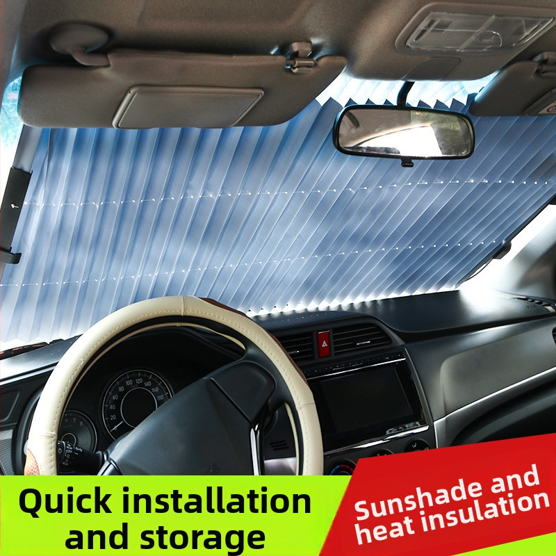 Automobilio priekinio stiklo skydelis nuo saulės su automatiniu ištempimu ir sulankstomu dizainu, tvirtinimas siurbtuku, medžiaga aliuminio folija, logotipo spauda