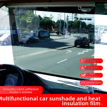 Krovininės automobilio saulės skydelis – dviejų paskirčių, automatiškai išsitempiantis filmas (aliuminio folija; tvirtinimas su siurbtukais; svoris 780 g; universalus modelis; logotipo spausdinimas)