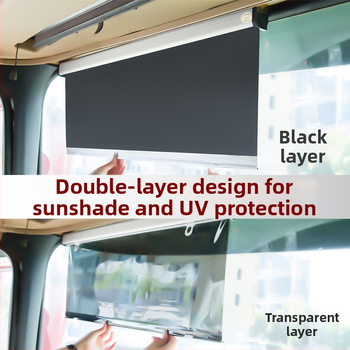 Krovininės automobilio saulės skydelis – dviejų paskirčių, automatiškai išsitempiantis filmas (aliuminio folija; tvirtinimas su siurbtukais; svoris 780 g; universalus modelis; logotipo spausdinimas)