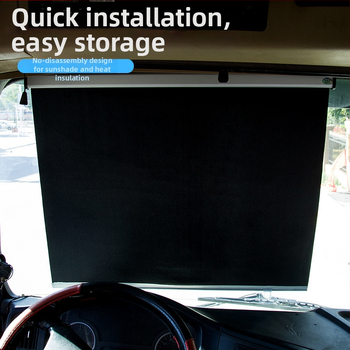 Krovininės automobilio saulės skydelis – dviejų paskirčių, automatiškai išsitempiantis filmas (aliuminio folija; tvirtinimas su siurbtukais; svoris 780 g; universalus modelis; logotipo spausdinimas)