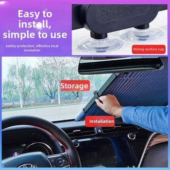 Automobilio priekinė saulės skydelio užuola, ištraukiama, aliuminio folijos šilumos izoliacijai, tvirtinimas siurbtukais, suderinama su konkrečiais transporto priemonėmis