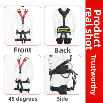 Pilnās ķermeņa drošības josta kāpšanai — polsterēti pleci, josta un kāju siksnas; maksimālā slodze 150 kg; jostas materiāls: poliesters; virves materiāls: augsts izturības tērauda virve; virves garums: konsultēties