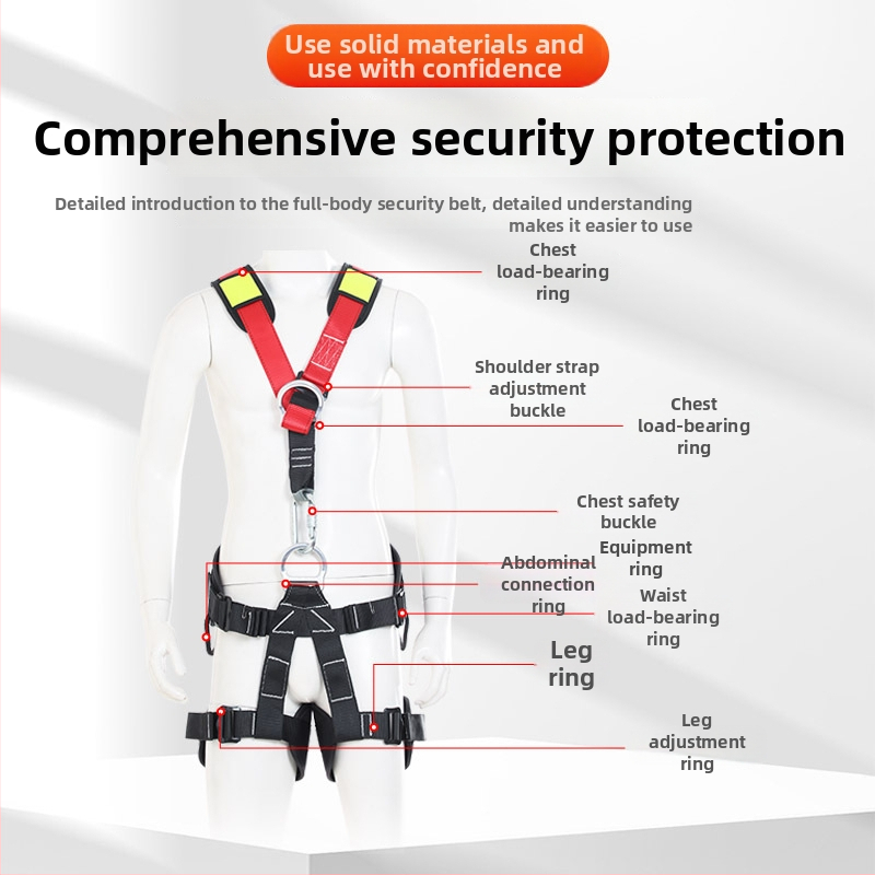 Pilnās ķermeņa drošības josta kāpšanai — polsterēti pleci, josta un kāju siksnas; maksimālā slodze 150 kg; jostas materiāls: poliesters; virves materiāls: augsts izturības tērauda virve; virves garums: konsultēties
