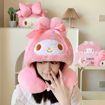 Cartoon Melody U-formos kelioninė pagalvė su gobtuvu, poliesterio užpildas, kristalo veliūro audinys