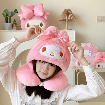 Cartoon Melody U-formos kelioninė pagalvė su gobtuvu, poliesterio užpildas, kristalo veliūro audinys