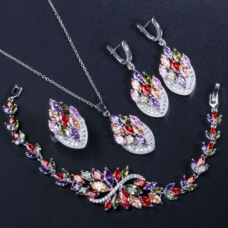 Korejski stil večernji set nakita sa cirkonima, bakar s platinskim premazom, viseći privjesci, uključuje naušnice i narukvicu