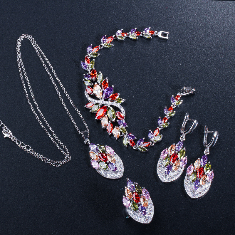 Korejski stil večernji set nakita sa cirkonima, bakar s platinskim premazom, viseći privjesci, uključuje naušnice i narukvicu