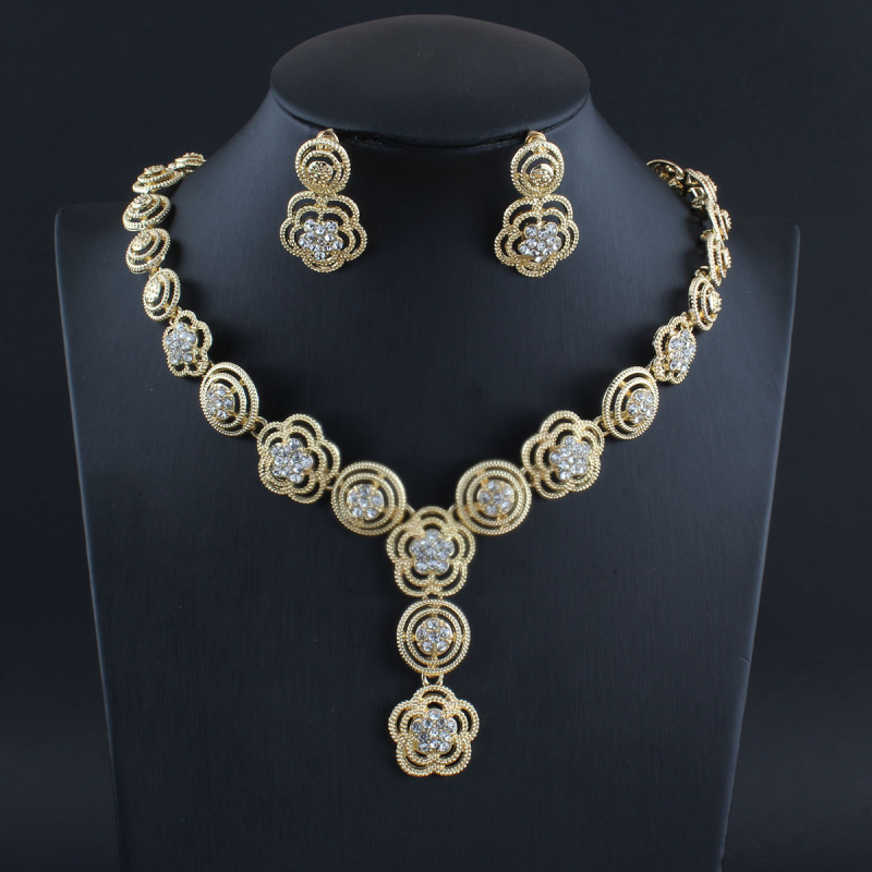 Set naušnica i ogrlice od legure s pozlaćivanjem, cvjetni motiv s Rhinestone kristalima, na običnom lancu, sladak, svjež stil