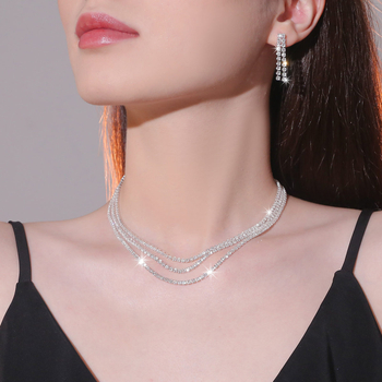 Dvokomponentni set: ogrlica i naušnice s rhinestones – dijamantno rezani kristali, običan lanac, jednostavan stil