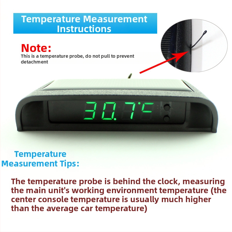 Saules enerģijas auto pulkstenis ar digitālo temperatūras un mitruma mērītāju, universāla stiprināšana, bez vadiem