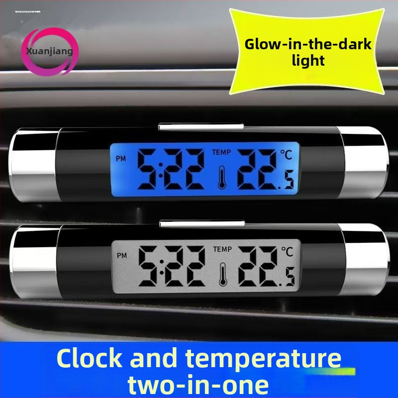 Automašīnas pulkstenis ar termometru, kalendāru un spīdīgu analogo displeju — metāla korpuss, universālais tips, elektroniska temperatūras un mitruma mērīšanas ierīce, autorizēta privāta zīmola zīme: Jā