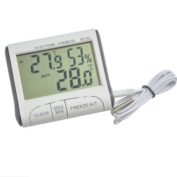 Unutarnje/vanjske termometar-higrometar s alarmom mraza, prenosni, C/F, -10 do 50°C, vlaga 10–99% RH, koristi AG13 bateriju