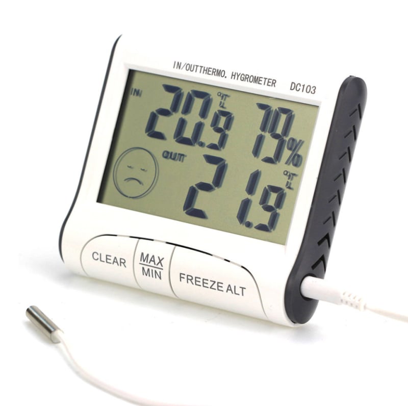 Unutarnje/vanjske termometar-higrometar s alarmom mraza, prenosni, C/F, -10 do 50°C, vlaga 10–99% RH, koristi AG13 bateriju