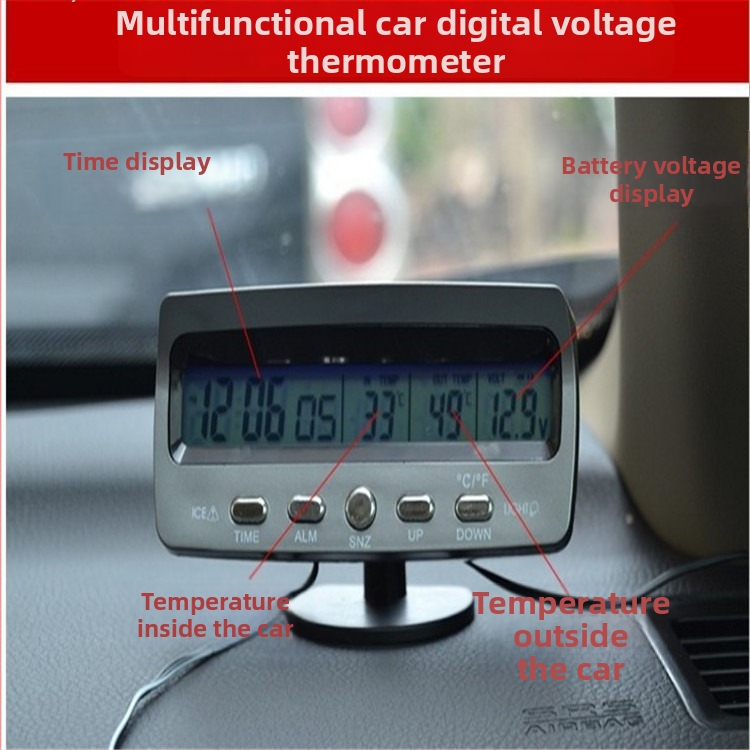 Automobiļu kalendāra pulkstenis ar voltmetru, temperatūras un mitruma mērītājs, iekšējais/ ārējais termometrs, LCD displejs, regulējams leņķis