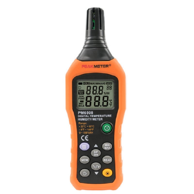 PM6508 digitalni higrometar, točnost temperatura 0,1°C, raspon 20–60°C, rezolucija vlage 0,1% RH, napajanje 4×1.5V baterije