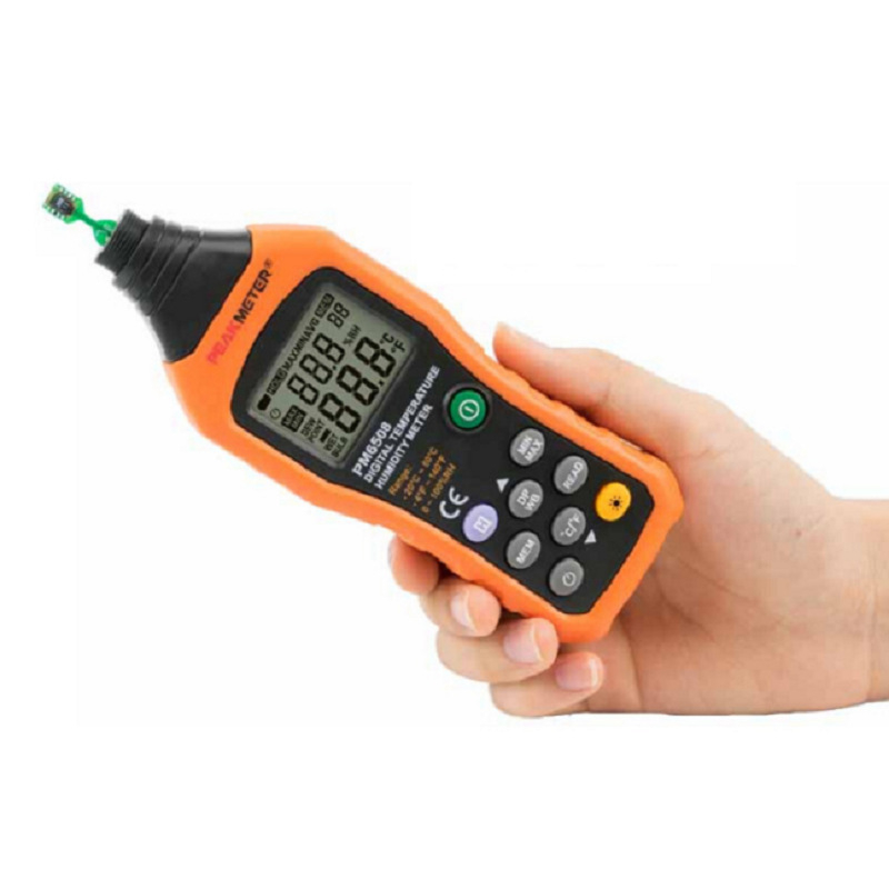 PM6508 digitalni higrometar, točnost temperatura 0,1°C, raspon 20–60°C, rezolucija vlage 0,1% RH, napajanje 4×1.5V baterije