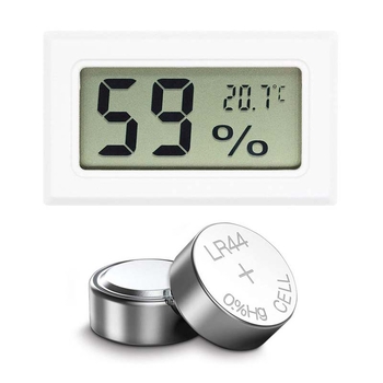 Mjerac temperature i vlage s ugrađenim zaslonom i napajanjem baterijom LR44 (1,5 V); točnost temperature ±1°C, točnost vlage ±1% RH