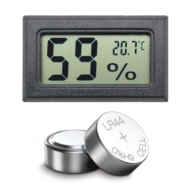 Mjerac temperature i vlage s ugrađenim zaslonom i napajanjem baterijom LR44 (1,5 V); točnost temperature ±1°C, točnost vlage ±1% RH