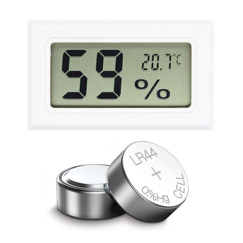 Mjerac temperature i vlage s ugrađenim zaslonom i napajanjem baterijom LR44 (1,5 V); točnost temperature ±1°C, točnost vlage ±1% RH