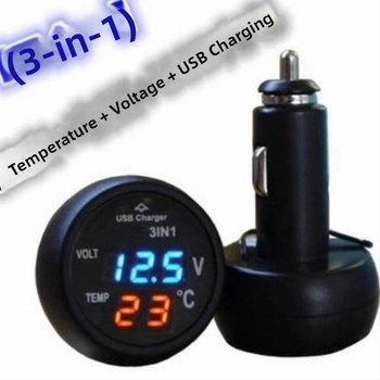 3-u-1 automobilni termometar, voltmetar i USB punjač s utičnicom za upaljač