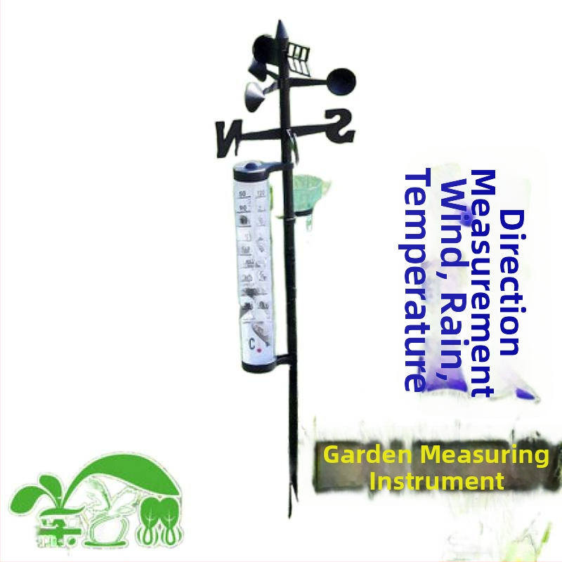 Dārza laika stacija ar ārēju termometru, lietus daudzuma mērītāju un vēja virziena mērītāju – regulējams leņķis.