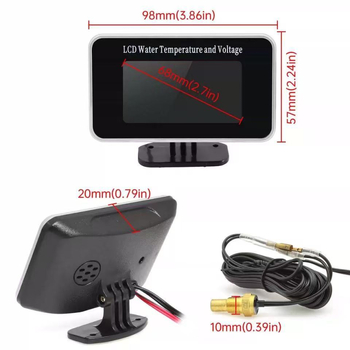 LCD vandens temperatūros matuoklis ir voltmetras (dvigubas ekranas) su universaliu įėjimu 9V-33V, ABS plastikas ir stiklas