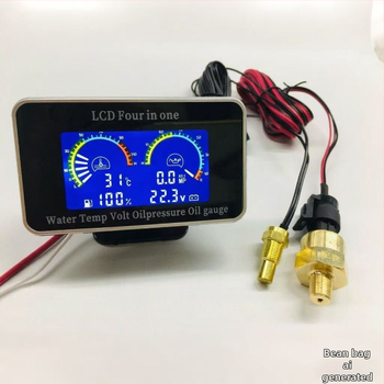 LCD keturių funkcijų matuoklis automobiliui: alyvos slėgio, alyvos lygio, vandens temperatūros ir voltmetro; universalus įtampa 9–33V; suderinama su 12V/24V sistemomis; ABS plastikas ir stiklas.