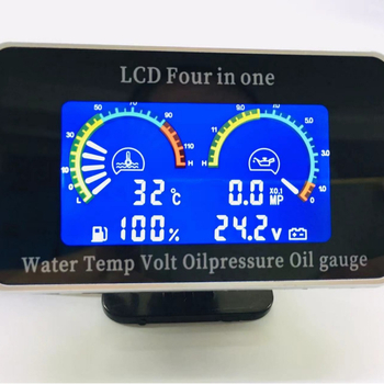 LCD keturių funkcijų matuoklis automobiliui: alyvos slėgio, alyvos lygio, vandens temperatūros ir voltmetro; universalus įtampa 9–33V; suderinama su 12V/24V sistemomis; ABS plastikas ir stiklas.