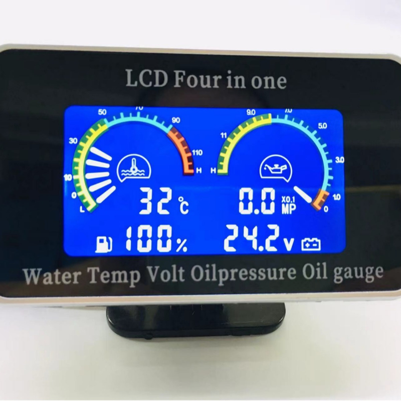 LCD keturių funkcijų matuoklis automobiliui: alyvos slėgio, alyvos lygio, vandens temperatūros ir voltmetro; universalus įtampa 9–33V; suderinama su 12V/24V sistemomis; ABS plastikas ir stiklas.