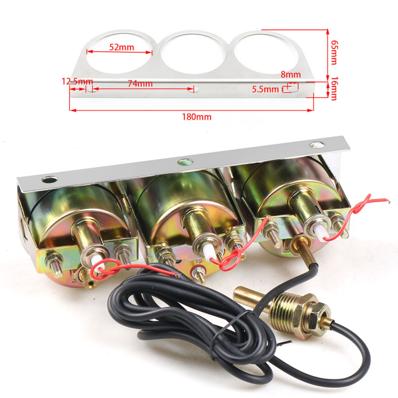 LED automobilio matuoklis – 3-in-1 matavimo priemonė vandens temperatūrai, alyvos slėgiui ir įtampai, 12V, Dyno Racing BX100816