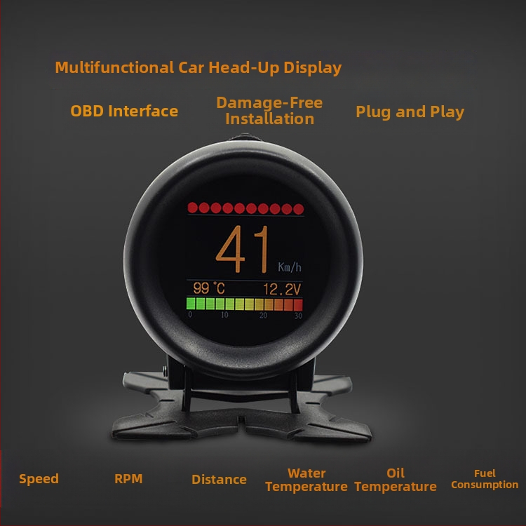 HUD αυτοκινήτου, κυκλική οθόνη, μοντέλο A205, HD ανάλυση, είσοδος OBD II (Υλικό ABS+PC; Τροφοδοσία OBD II; Βάρος 230 g)