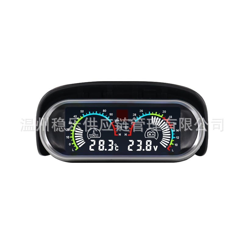 Stable LCD automobilio prietaisas – dviejų funkcijų skaitmeninis vandens temperatūros matuoklis ir voltmetras, 12/24V, geležinis korpusas, svoris 0,139 kg