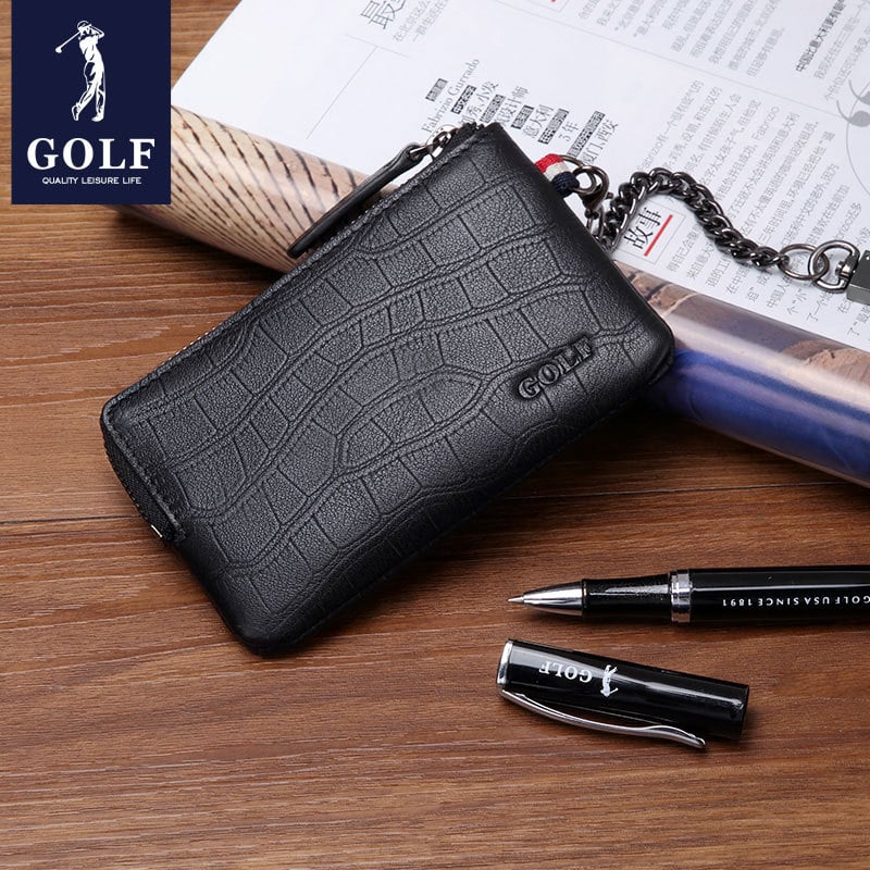 Valódi bőrből készült kulcstartó táska, függőleges, négyszerzetes formájú, cipzáras nyitás, egységes dizájn, üzleti stílus.