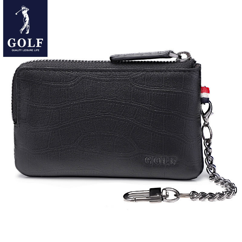 Valódi bőrből készült kulcstartó táska, függőleges, négyszerzetes formájú, cipzáras nyitás, egységes dizájn, üzleti stílus.