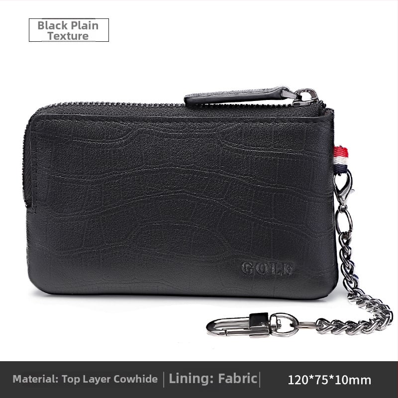 Valódi bőrből készült kulcstartó táska, függőleges, négyszerzetes formájú, cipzáras nyitás, egységes dizájn, üzleti stílus.